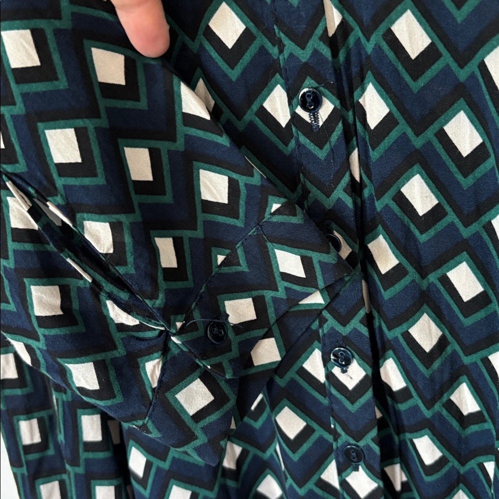 Zara Woman Green cream tones Geometric Print Shirt Dress Button Front Size L - Picture 6 of 9
